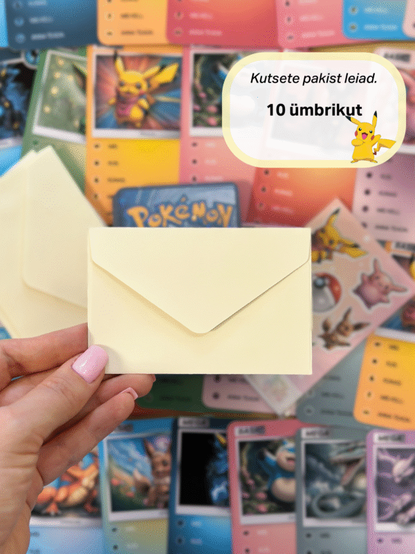 Pokemoni sünnipäevakutsetega kaasa 10 heledat ümbrikut